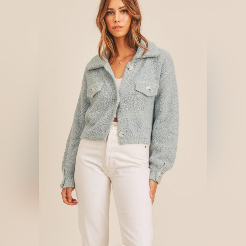 Mable Cropped Nubby Cardigan Icy Blue Size Medium